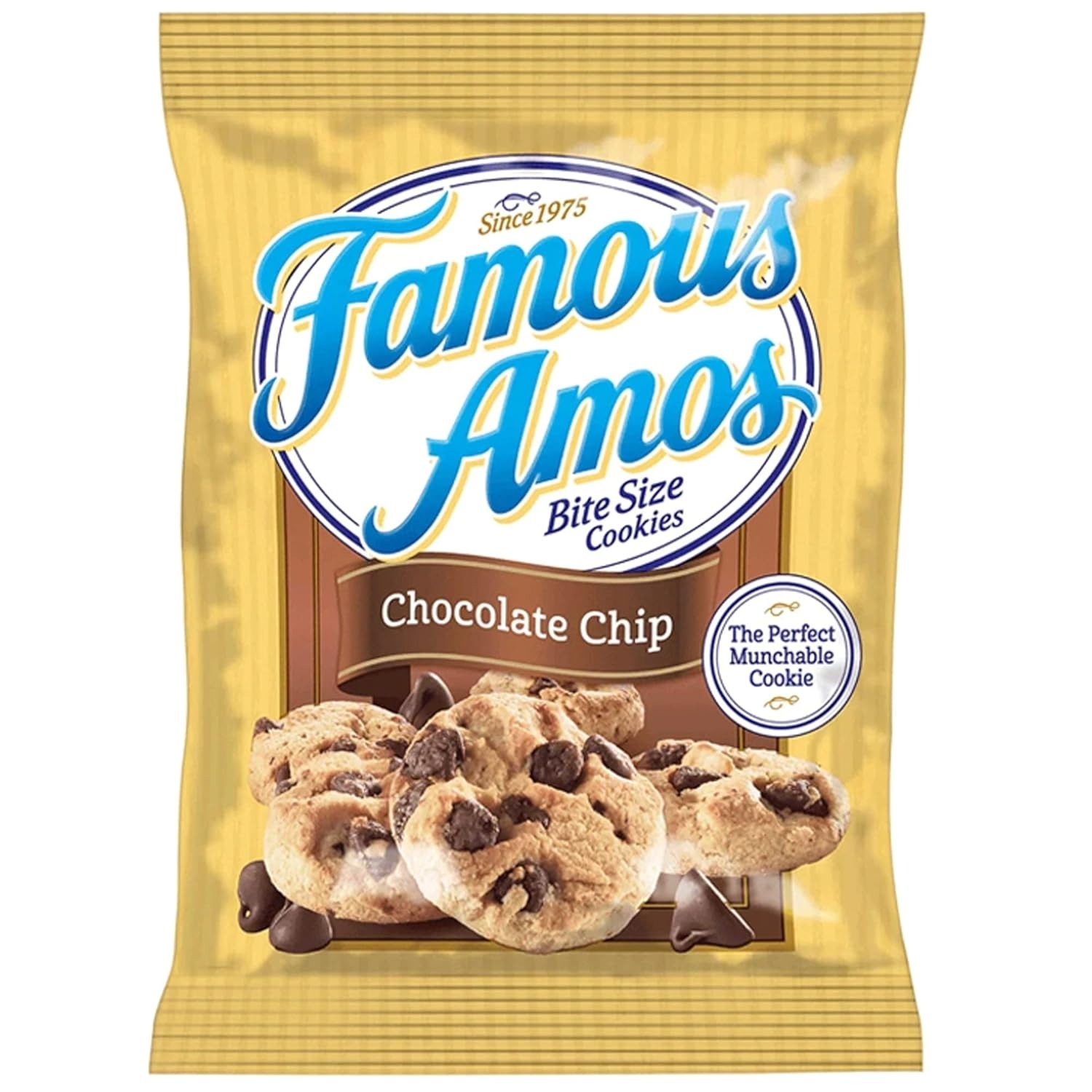 A package of Famous Amos Bite Size Chocolate Chip Cookies, featuring images of the cookies and the text "The Perfect Munchable Cookie."