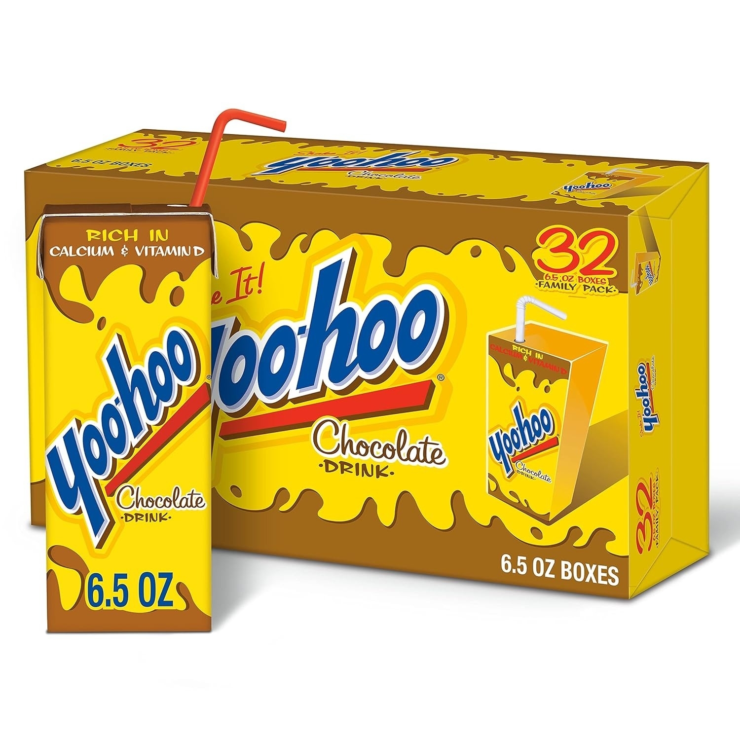 Yoo-hoo chocolate drink in 6.5 oz boxes. Includes one opened box with a red straw and a 32-box family pack.