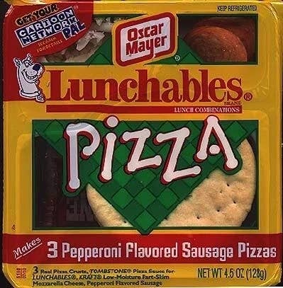 Lunchables Pizza package including 3 pepperoni flavored sausage pizzas with 3 pizza crusts, sauce, and cheese