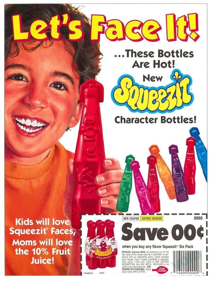 An ad for SqueezIt, where a kid is smiling and holding a SqueezIt bottle