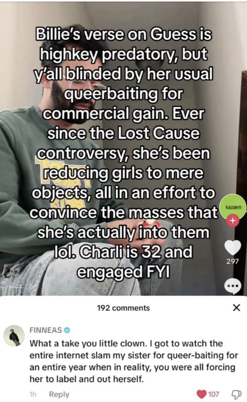TikTok post accusing Billie Eilish of queerbaiting and Finneas's response