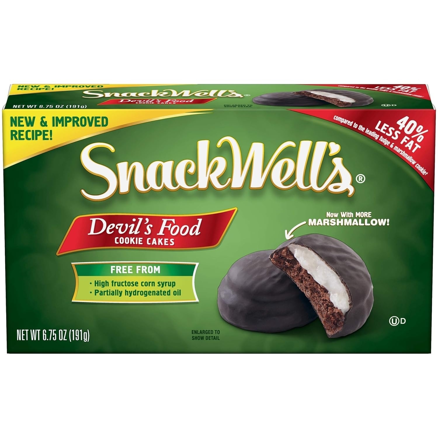 SnackWell's Devil's Food Cookie Cakes box showing the product and text about being free from high fructose corn syrup and partially hydrogenated oil.