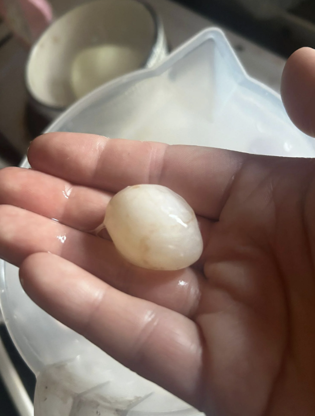 A hand holds a small, round, translucent object resembling a peeled grape or lychee