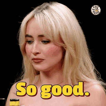 Sabrina Carpenter expressing delight while trying a dish on &quot;First We Feast,&quot; with text overlay &quot;So good.&quot;