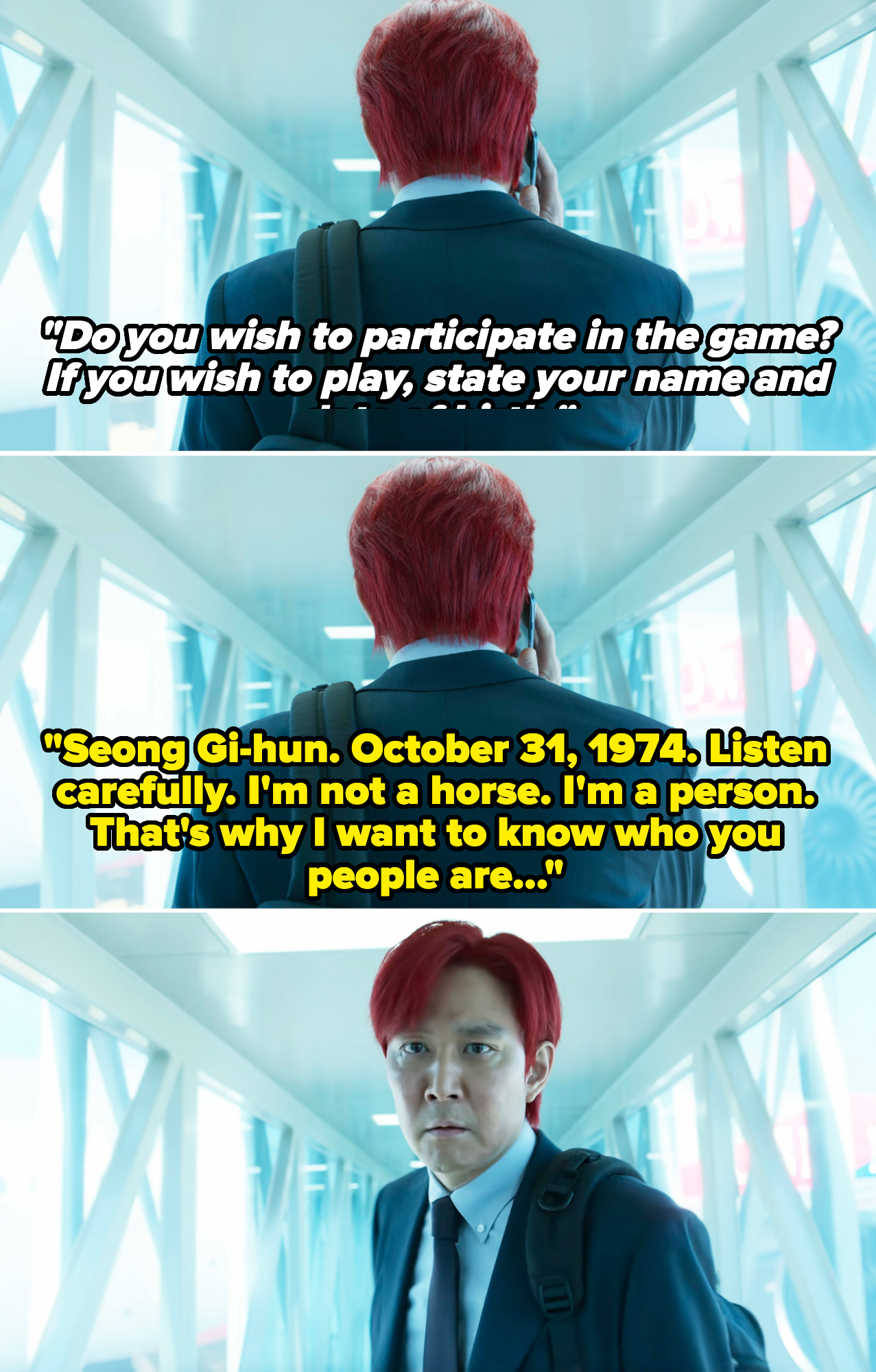 A scene from "Squid Game" where Gi-hun talks on the phone and tells an unknown person he wants to know who they are