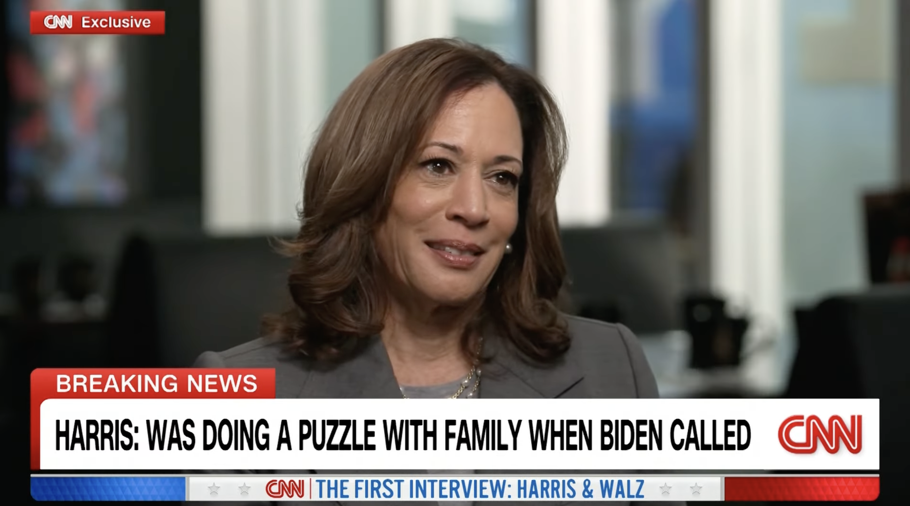 Kamala Harris in a TV interview with CNN. The headline reads, &quot;Harris: Was doing a puzzle with family when Biden called.&quot;