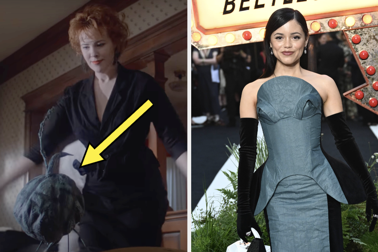 Catherine O'Hara in a classic outfit on the left next to Jenna Ortega in a structured gown with long gloves on the right