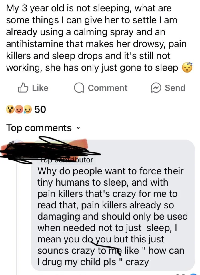 Facebook post discussing a parent's struggle with their child's sleeplessness and seeking advice. Key comment criticizes the use of medications to induce sleep