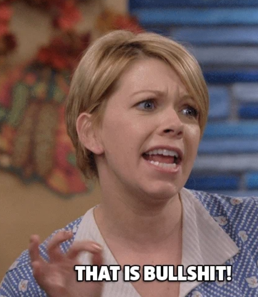 Woman with short blonde hair gestures passionately, caption reads &quot;THAT IS BULLSHIT!&quot;, appearing upset