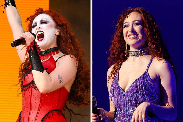 Allison Ponthier performing on stage, one image shows her in a red corset costume with dramatic makeup, and the other in a sequined purple gown