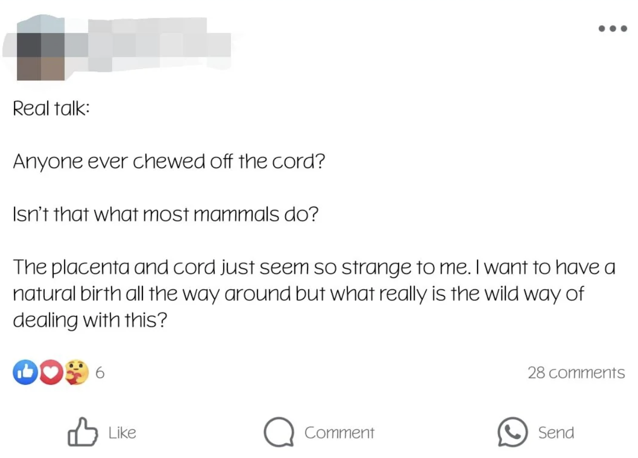 A social media post questions the natural handling of the placenta and umbilical cord during birth, seeking advice on natural birth methods
