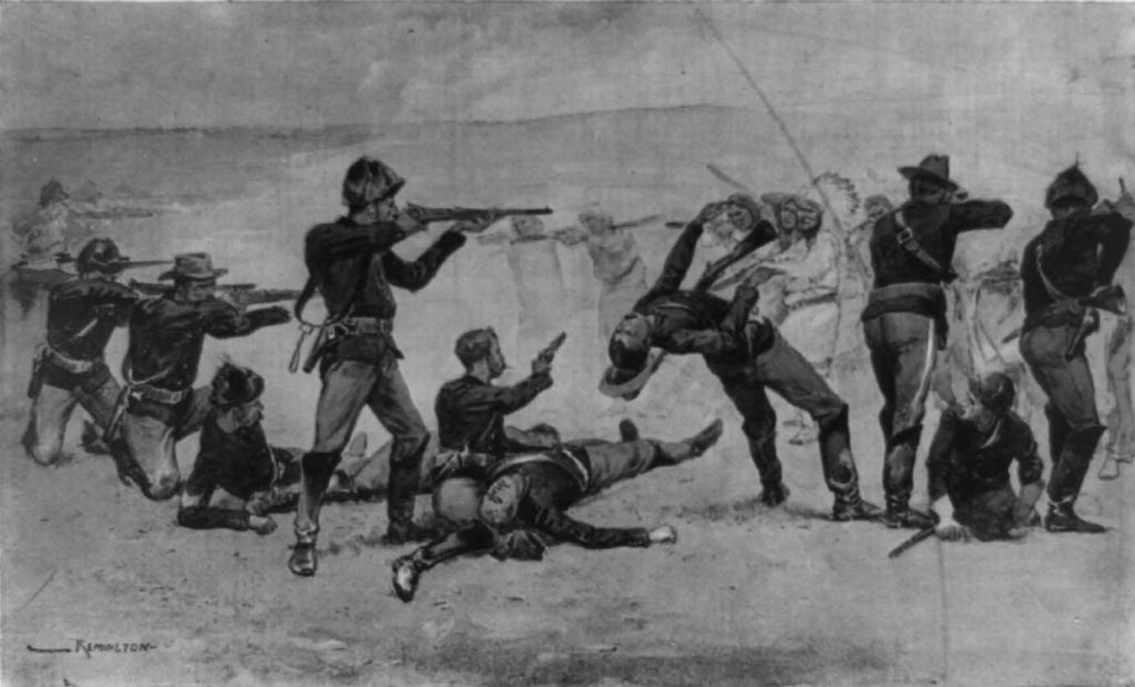 Historical drawing depicting a battle between American soldiers and Native Americans during the late 19th century, with soldiers fighting and some falling to the ground