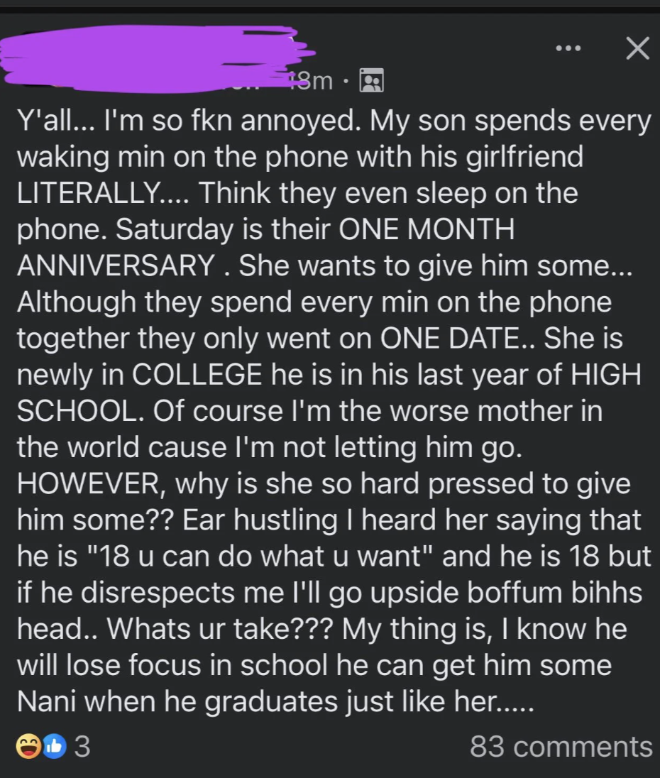 A social media post from a concerned mother about her college-bound son spending excessive time on the phone with his girlfriend and upcoming plans after graduation