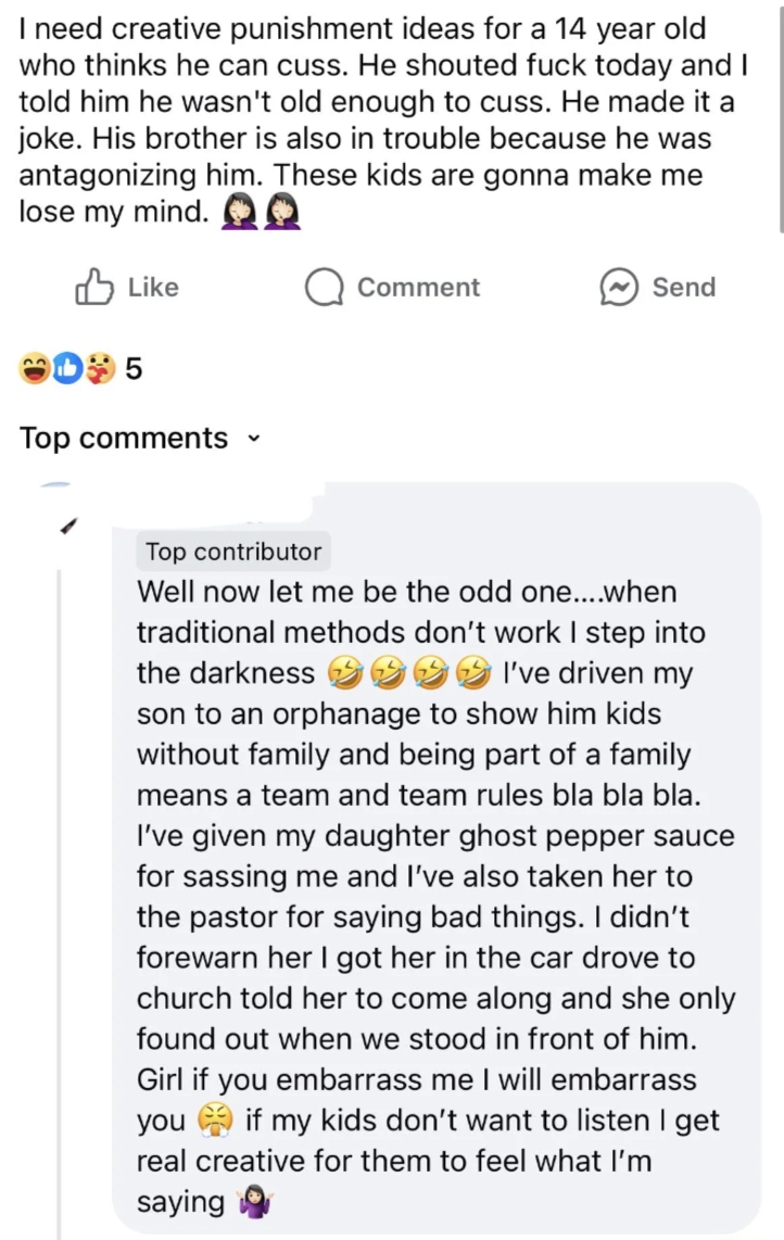 Facebook post by a parent sharing her experience disciplining her 14-year-old son who cussed. Comments suggest creative punishment ideas, including driving the son to an orphanage