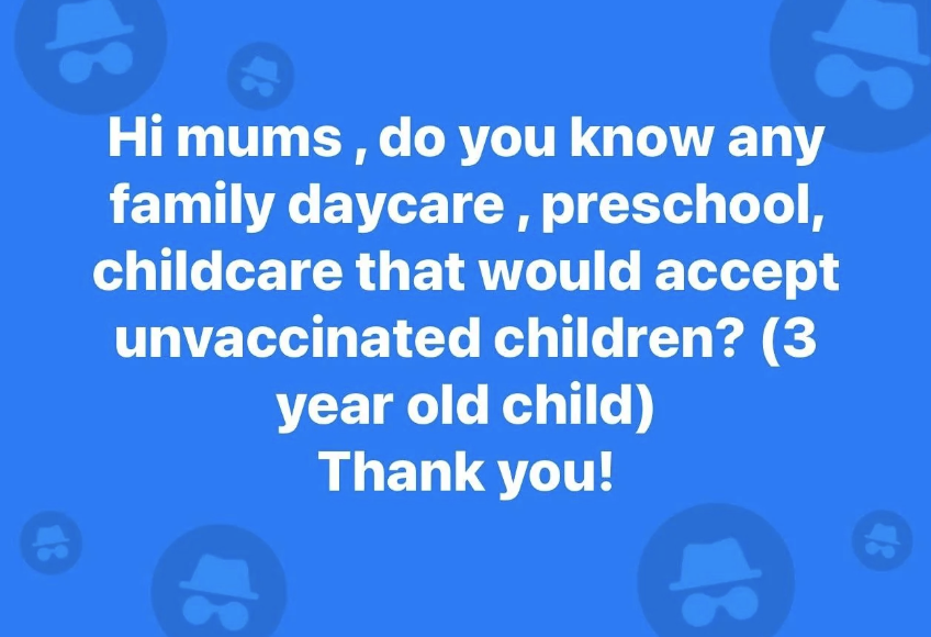 Text asking for recommendations on family daycare, preschool, or childcare centers that accept unvaccinated 3-year-olds