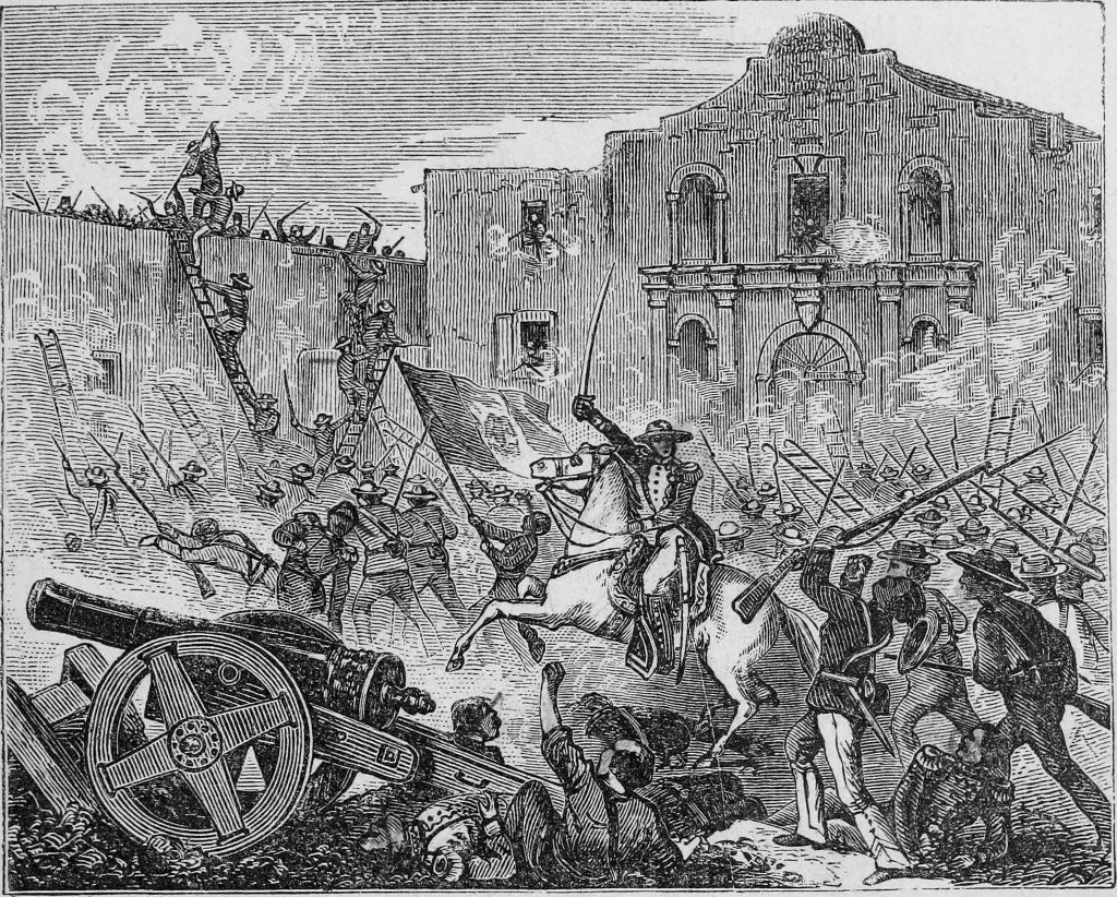 Historic depiction of the Battle of the Alamo, showing soldiers in combat, including one mounted on a horse, fences, cannons, and building under siege