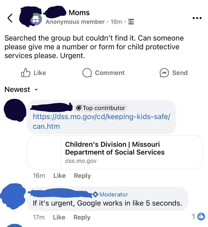 A screenshot of a Facebook group post where a member urgently asks for child protective services information. A comment provides a link, and another comment advises using Google