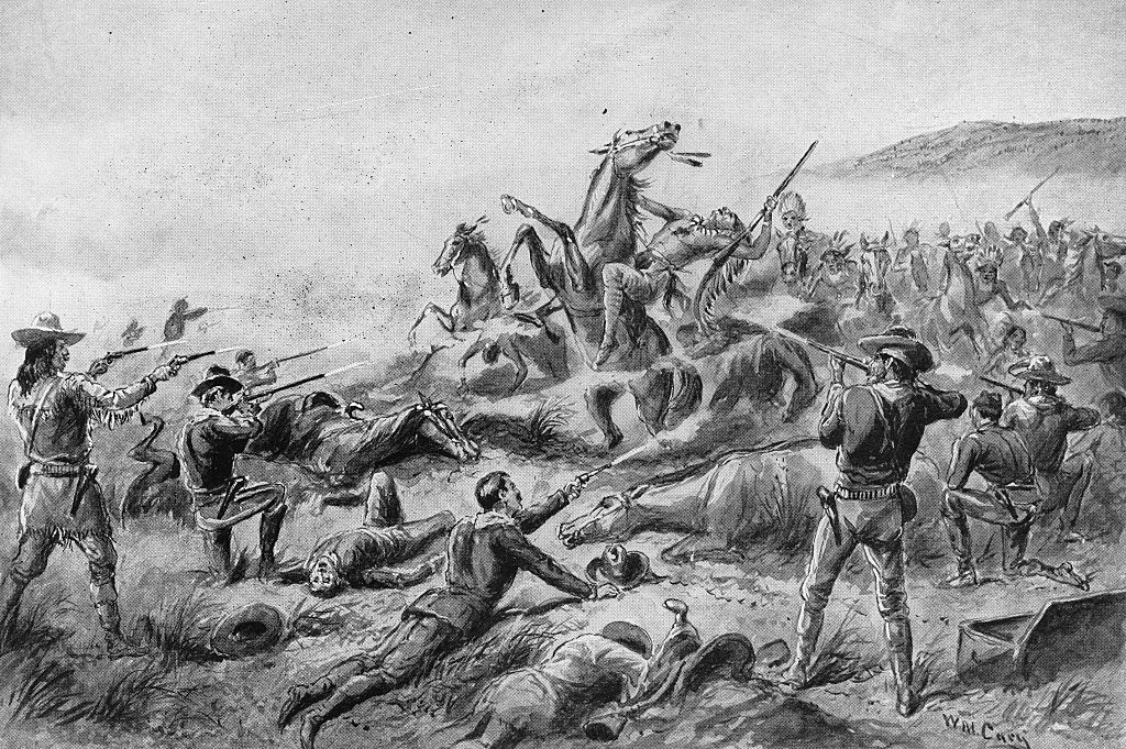 Historical drawing depicting a chaotic battle scene during the Old West era, with soldiers and horses engaged in intense combat