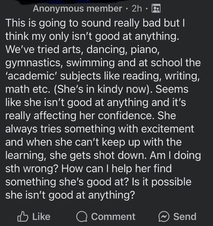 A parent expresses concern on social media about their child struggling with various activities and academics, seeking advice on how to find her strengths