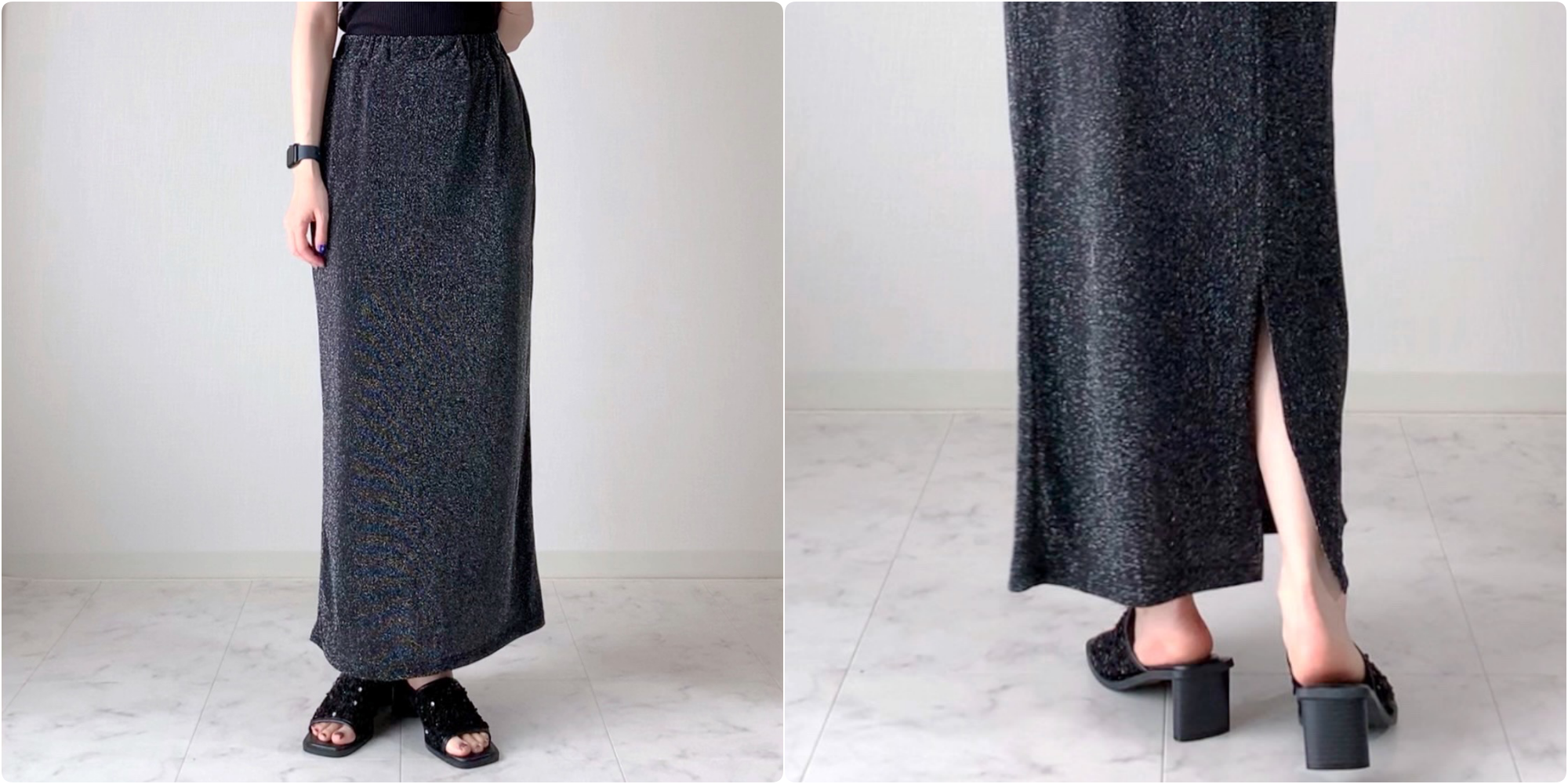 しまむらのおすすめファッションアイテム「TNKPUTラメSK90」