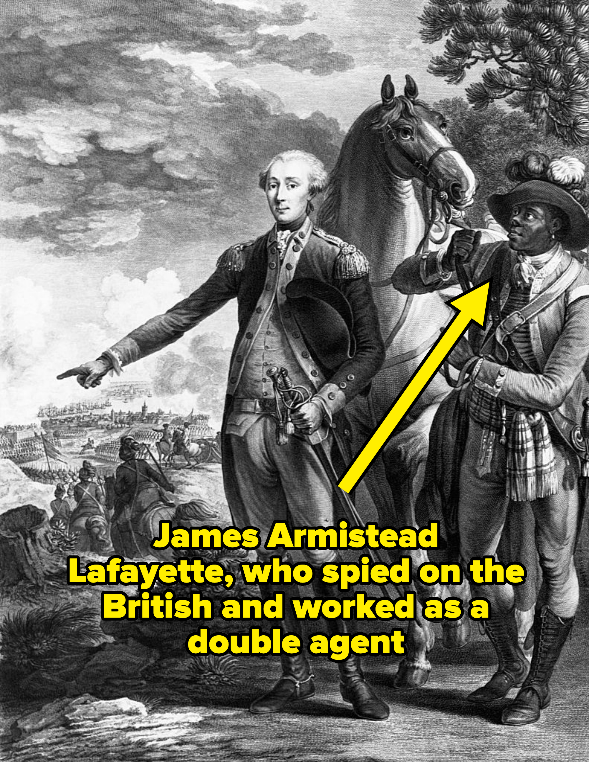 Illustration showing Marquis de Lafayette pointing forward with his sword, accompanied by an African American soldier holding a horse. Historic battle scene in the background