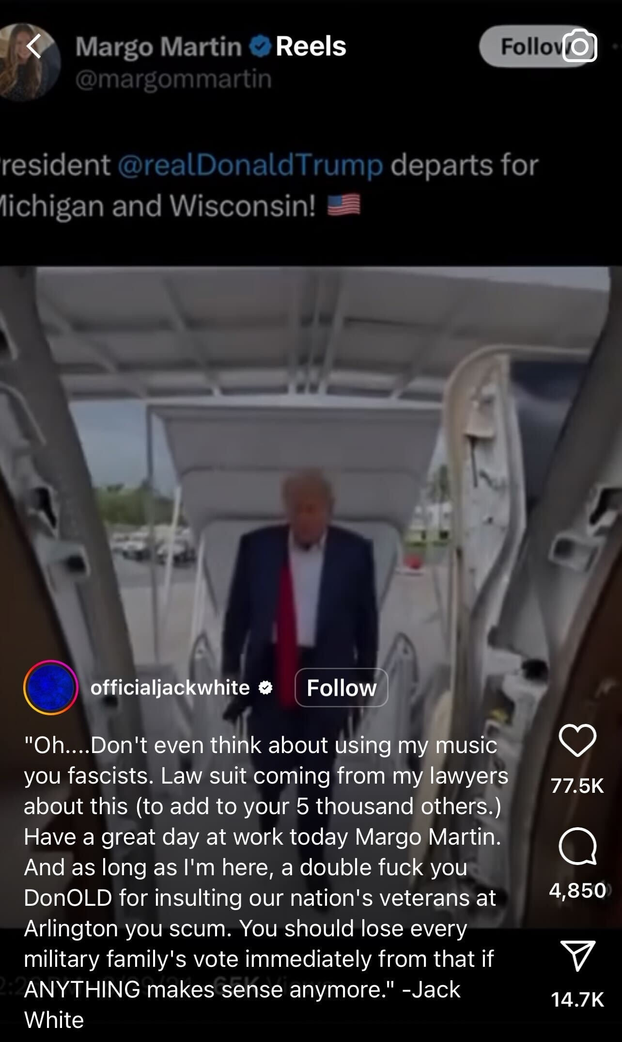 Donald Trump is seen exiting an airplane in a video posted by Margo Martin. Below, Jack White shares a critical message directed at Trump concerning his music usage and veterans