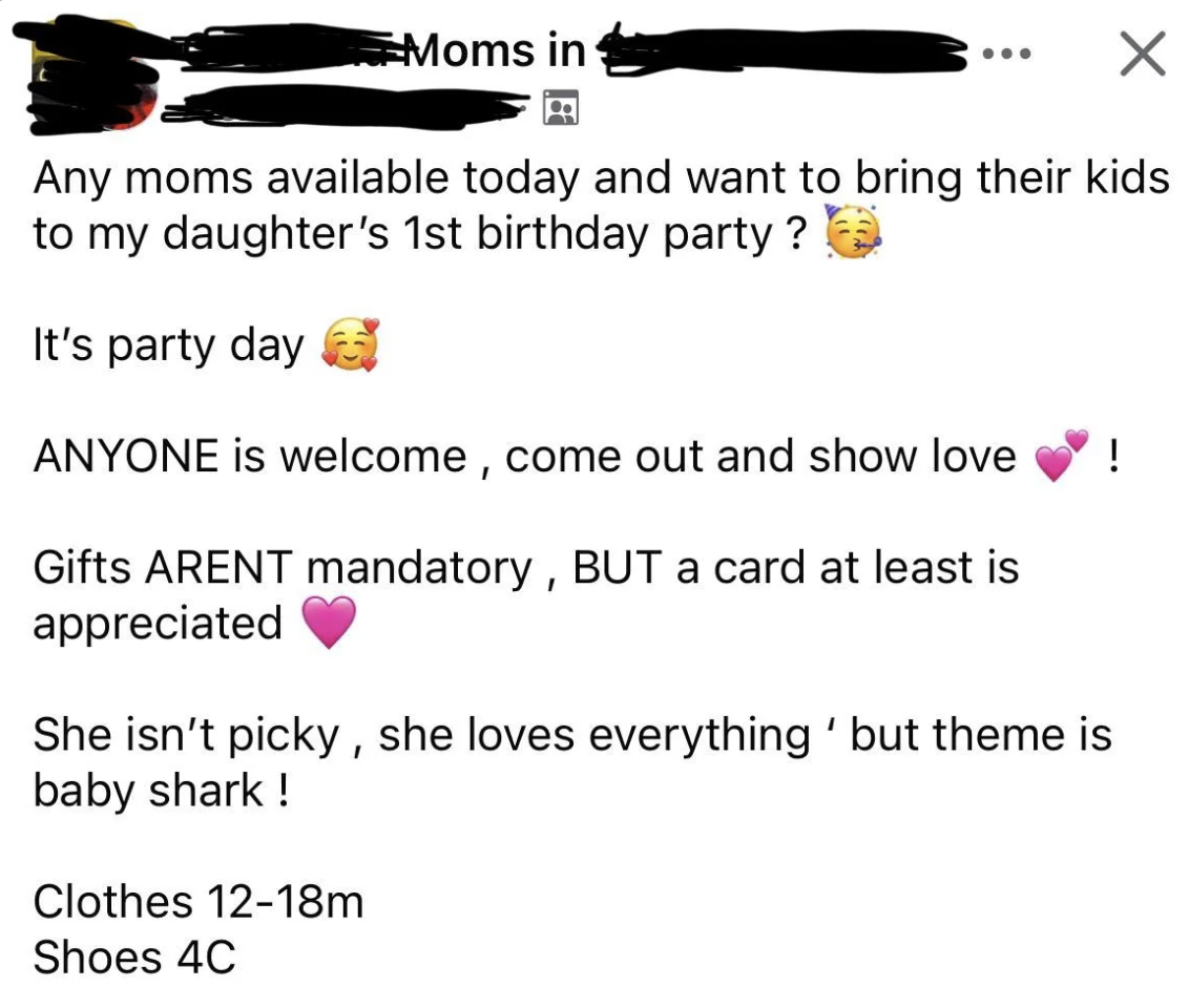 A post from a mom inviting others to her daughter's first birthday party with a baby shark theme. Gifts are not mandatory, but a card is appreciated