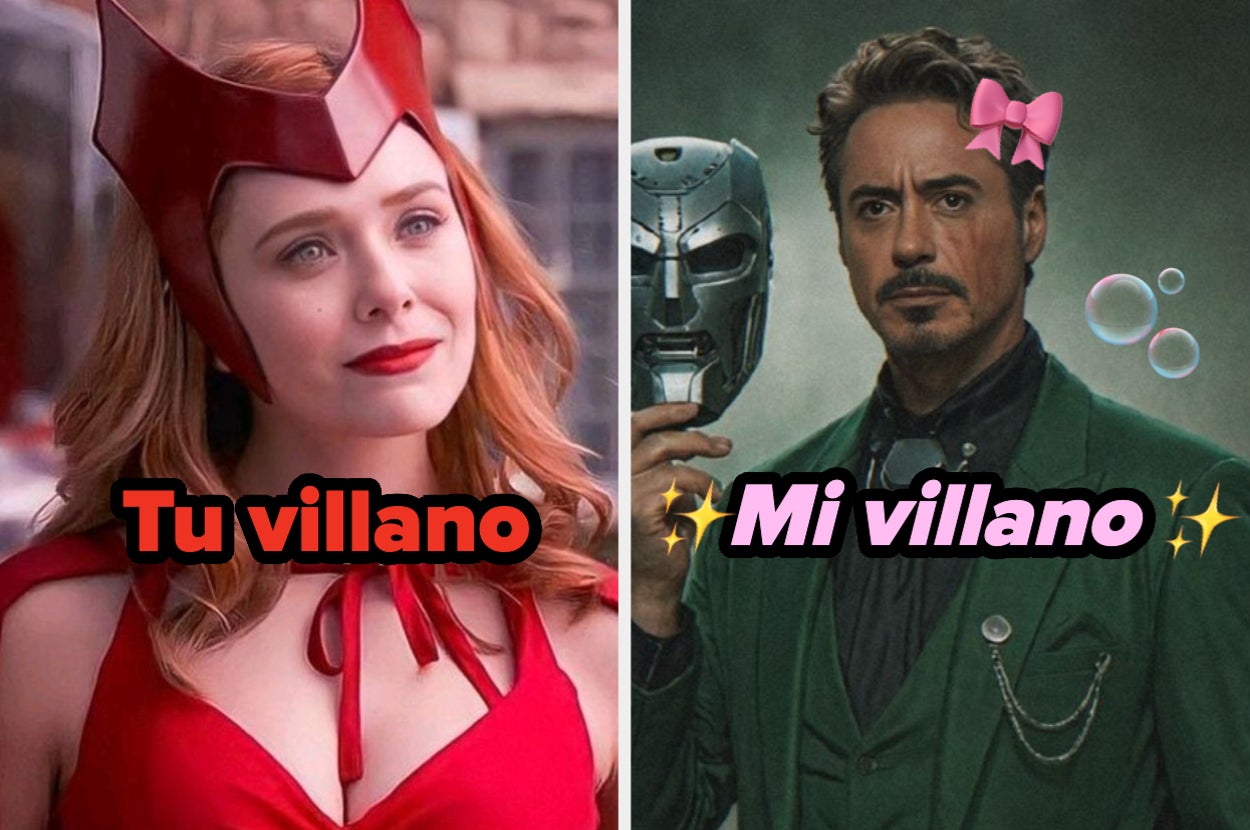 Elizabeth Olsen como Bruja Escarlata con el texto "Tu villano" y Robert Downey Jr. como Iron Man con el texto "Mi villano"