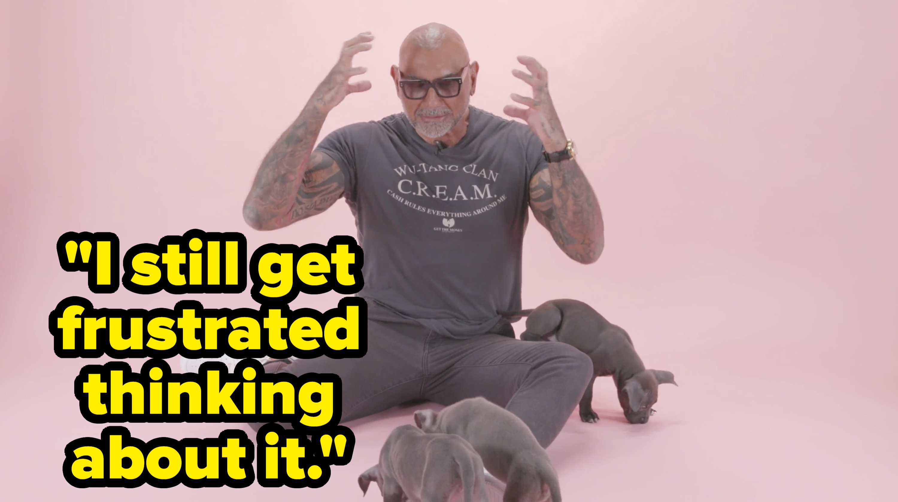 Dave Bautista sitting on the floor, gesturing with his arms while three puppies play at his feet. Bautista is wearing sunglasses and a Wu-Tang Clan t-shirt
