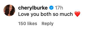 Cheryl Burke's Instagram post reads, "Love you both so much" with a heart emoji. The post also shows 150 likes and a reply option