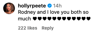 Holly Robinson Peete's Instagram comment: "Rodney and I love you both so much," with several black heart emojis. 222 likes.