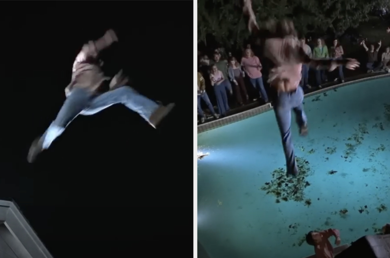 Two images show a person in mid-air jumping, then landing in a pool at a gathering with onlookers
