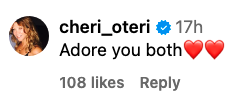 Cheri Oteri comment reads, "Adore you both" with two heart emojis, posted 17 hours ago, with 108 likes and a reply option