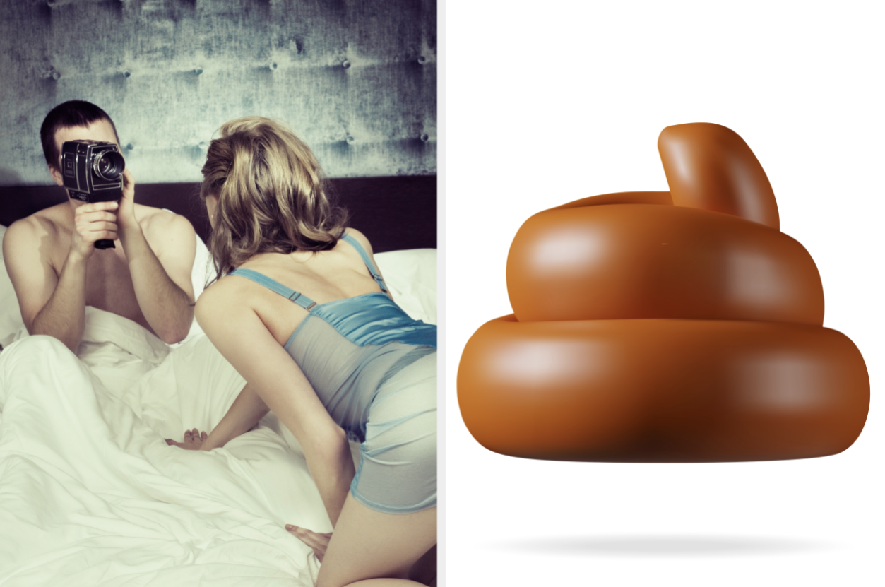 A person is on a bed with a camera, photographing another person in lingerie. Beside the image is a large poop emoji