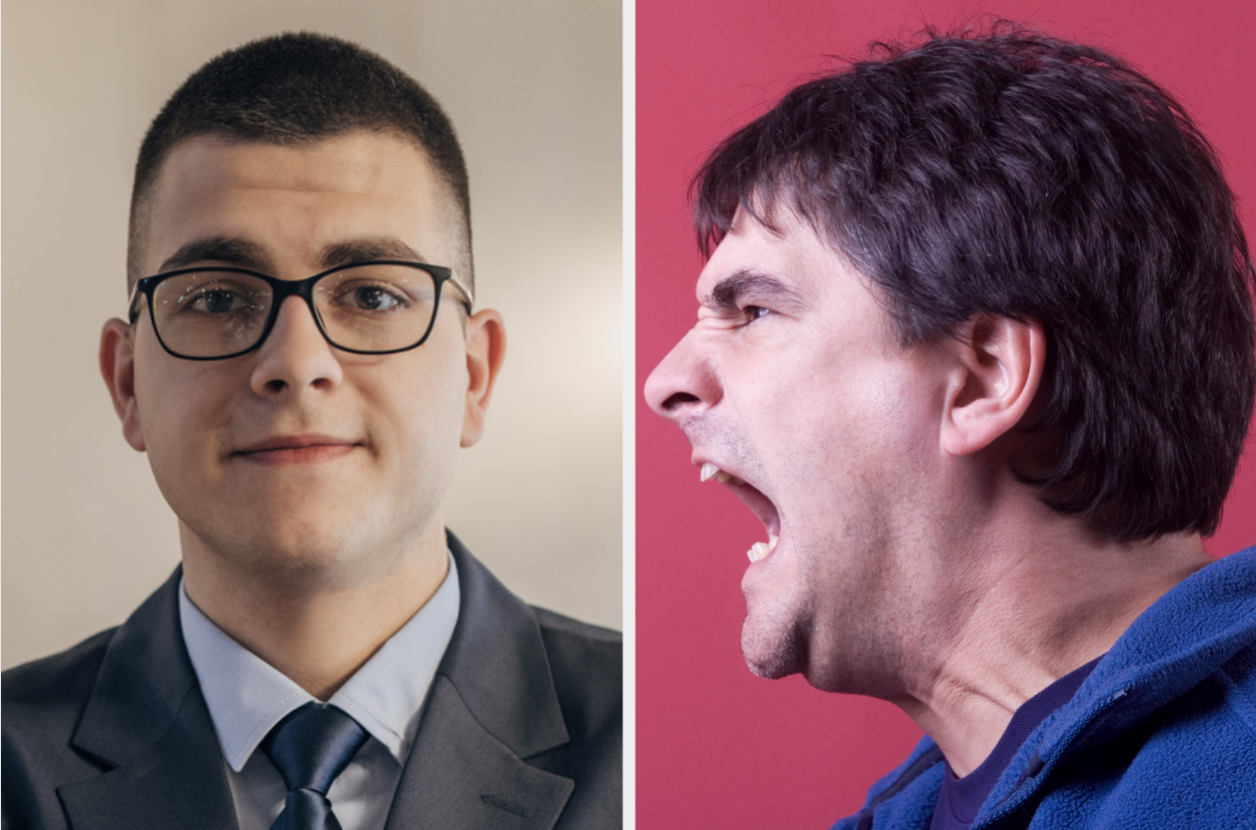 Two men are shown side by side. The man on the left is wearing a suit and glasses, looking serious. The man on the right is yelling, wearing a casual outfit