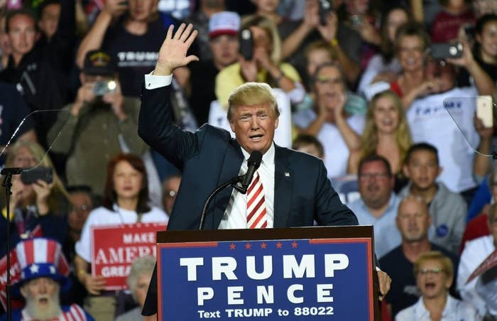 Donald Trump speaks at a campaign rally, surrounded by cheering supporters holding signs