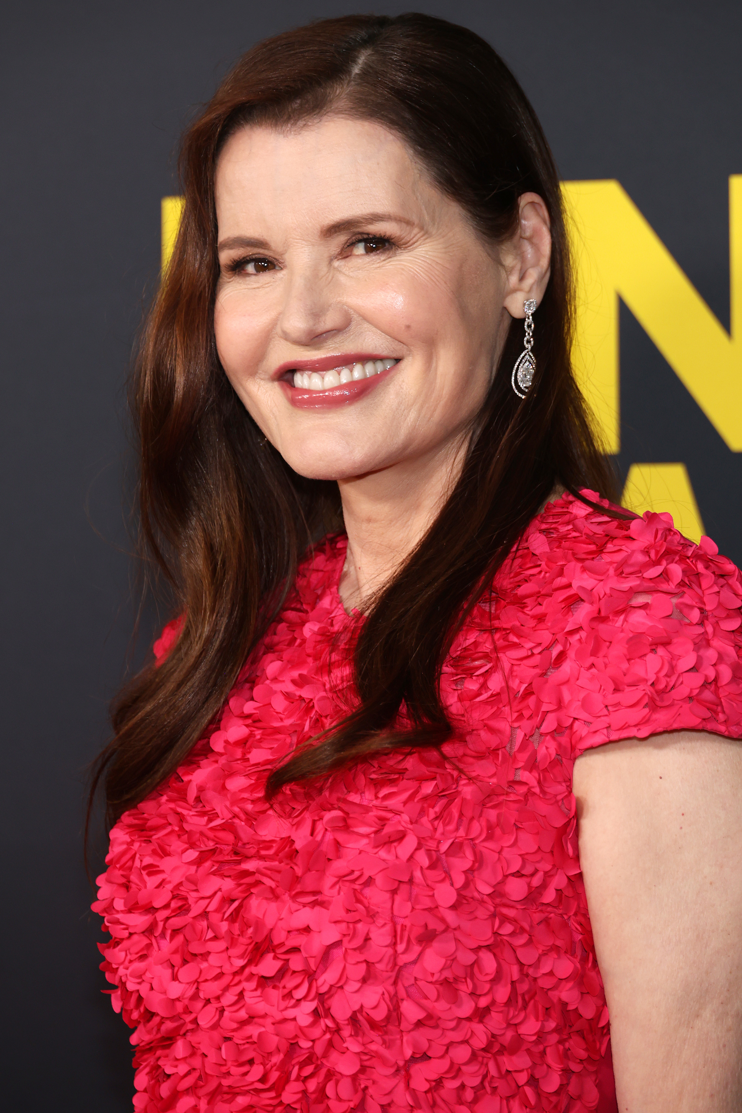 Geena Davis in a pink dress at the premiere of "Blink Twice"