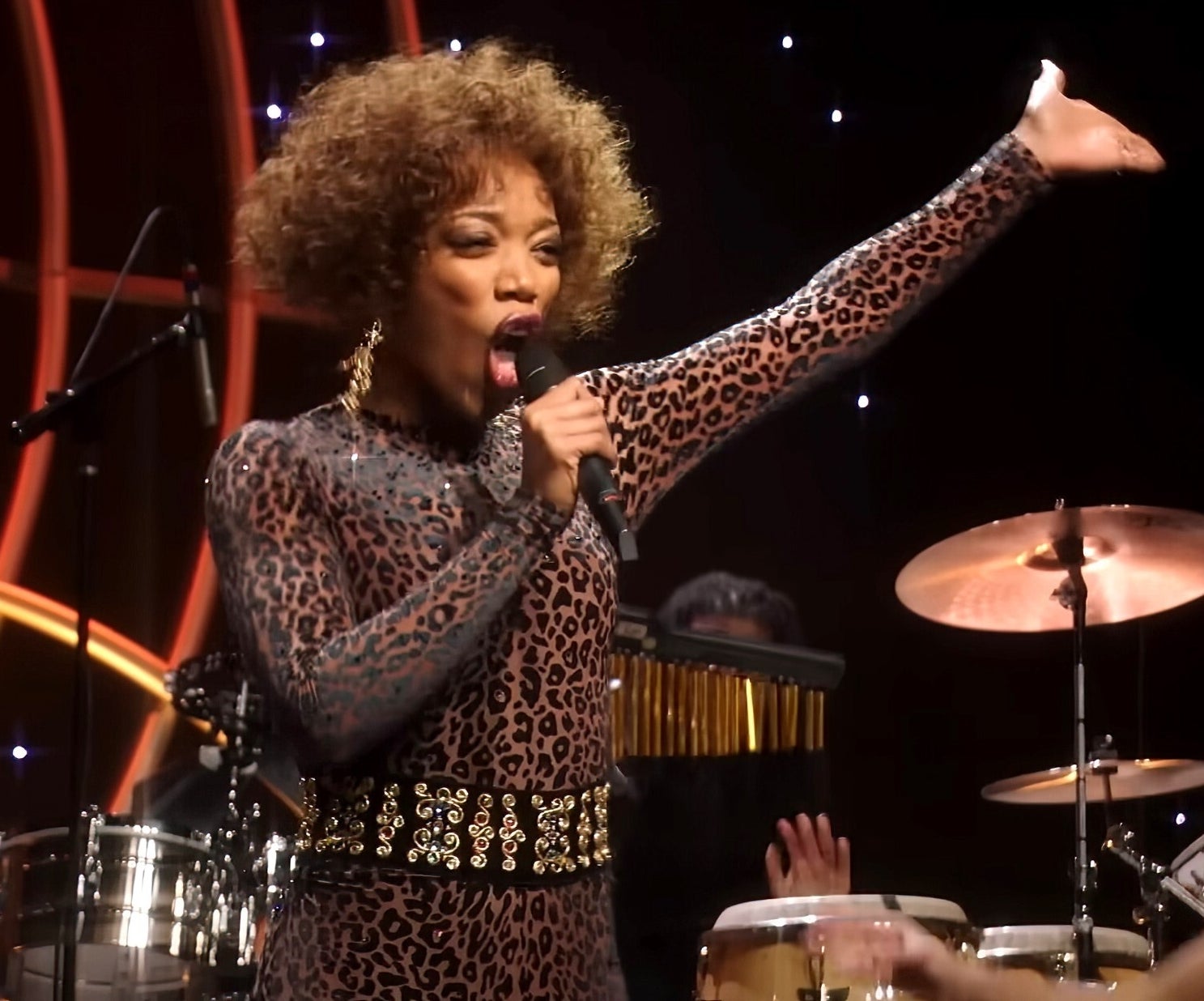 Naomi Ackie performs on stage in a leopard outfit in &quot;Whitney Houston: I Wanna Dance with Somebody&quot;