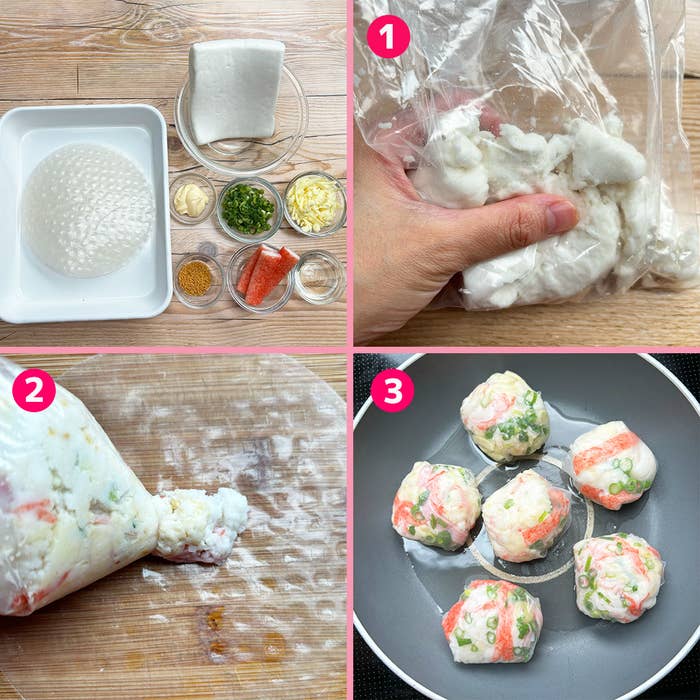 魚のすり身を使った料理手順:1. 食材を袋に入れて混ぜる。2. 生地を袋から出して丸める。3. フライパンで調理する。