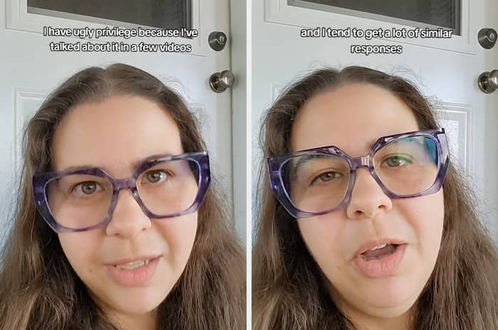 Split-screen image of Sarah in glasses speaking. Text: "I have ugly privilege because I've talked about it in a few videos and I tend to get a lot of similar responses"