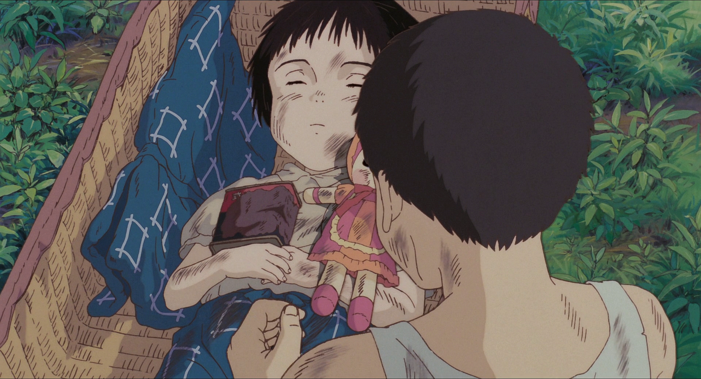 Seita, from &quot;Grave of the Fireflies,&quot; holds his deceased sister Setsuko resting in a woven basket, clutching a doll, against a leafy background