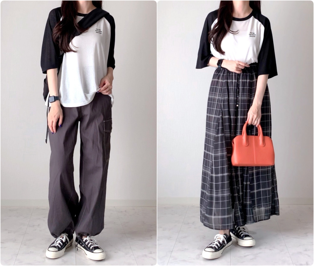 しまむらのおすすめファッションアイテム「スラブシアーラグランT」のコーディネート