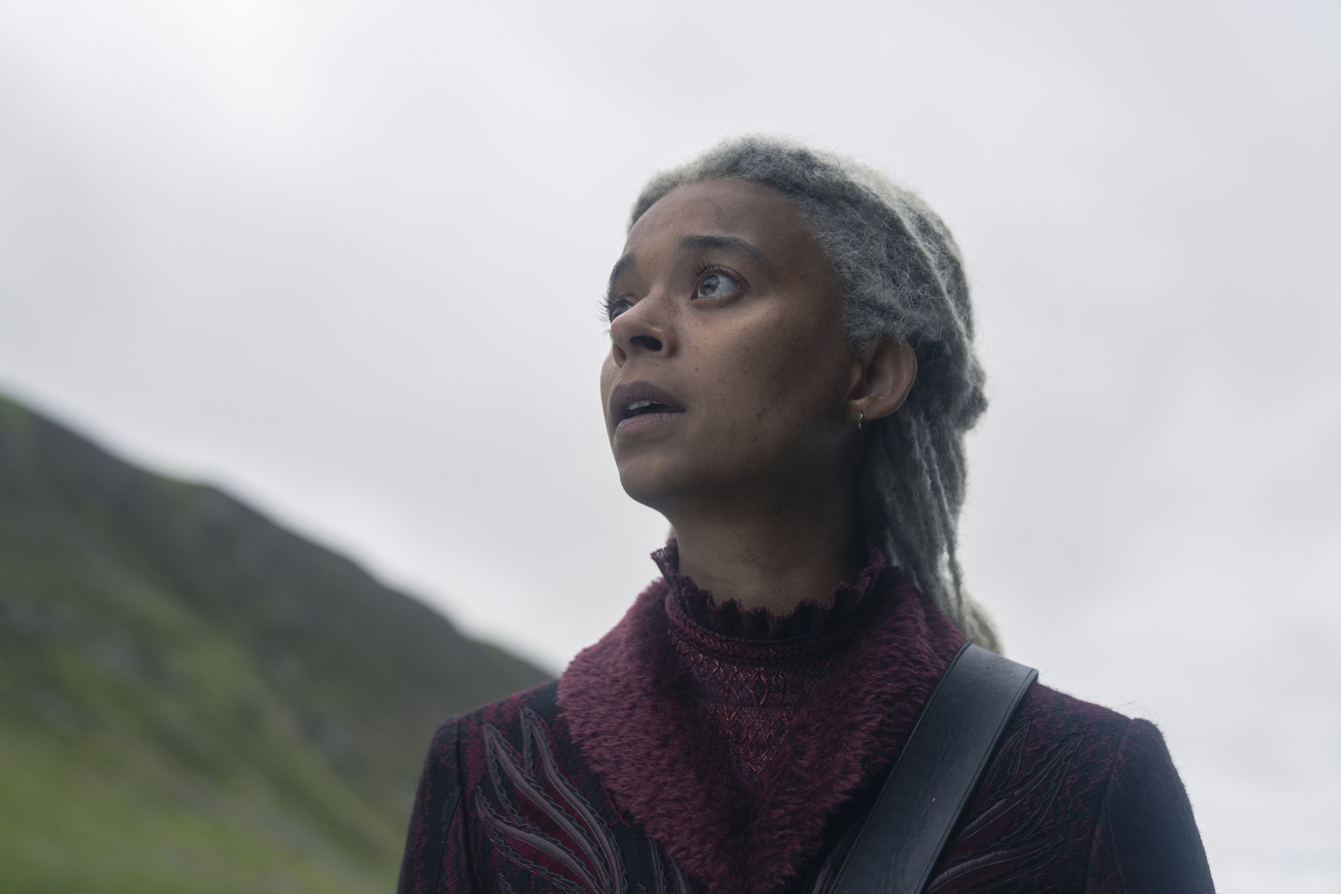 A woman with long, grey hair and a burgundy sweater looks into the distance against a mountainous background