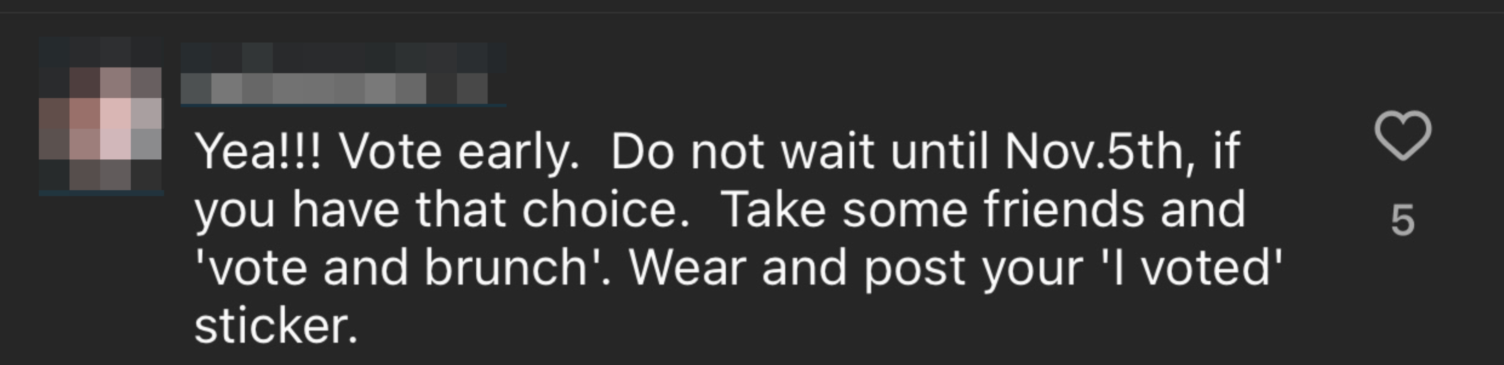 Social media post that encourages early voting and suggests bringing friends to 'vote and brunch,' also mentions wearing and posting an 'I voted' sticker