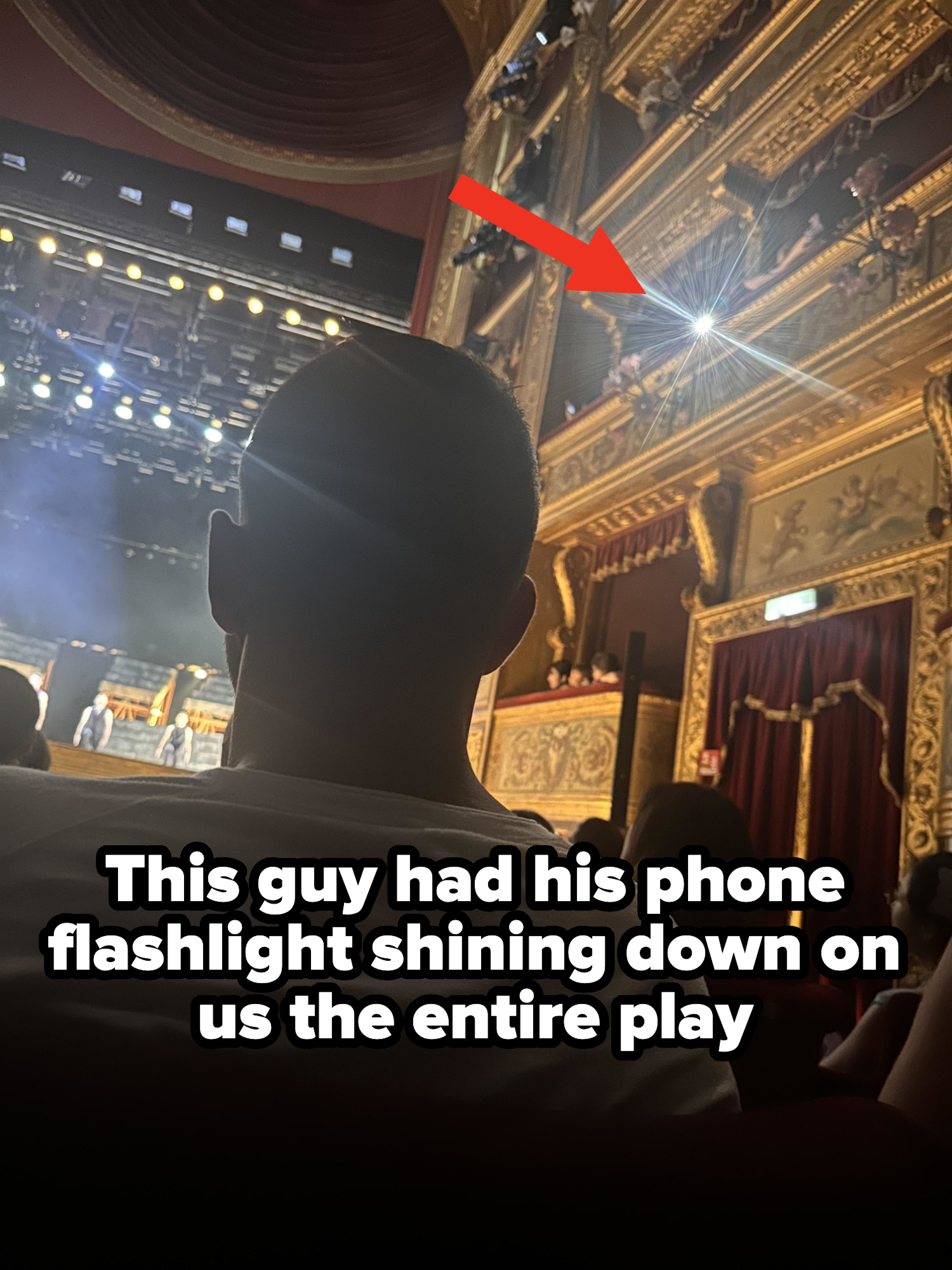 View from an audience seat of a theater, showing stage lighting and people performing. The theater has ornate gold details. Person's head in foreground