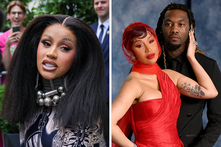 Cardi B in a patterned outfit with statement jewelry vs Cardi B in a chiffon gown and Offset in a suit at a formal event