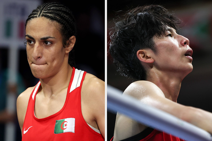 Imane Khelif and Ichigaya Kito are shown during a boxing match, both wearing their respective sports uniforms and appearing intensely focused