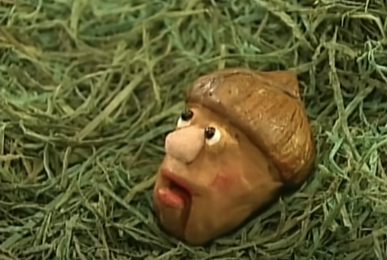 A clay figurine head with wide eyes and an acorn cap lies on a bed of grasses