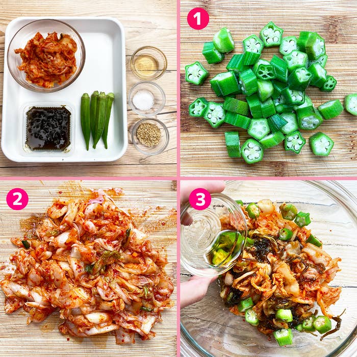 キムチとオクラの和え物の手順を示す画像。1枚目は材料、2枚目は混ぜた状態、3枚目は調味料を加える様子。