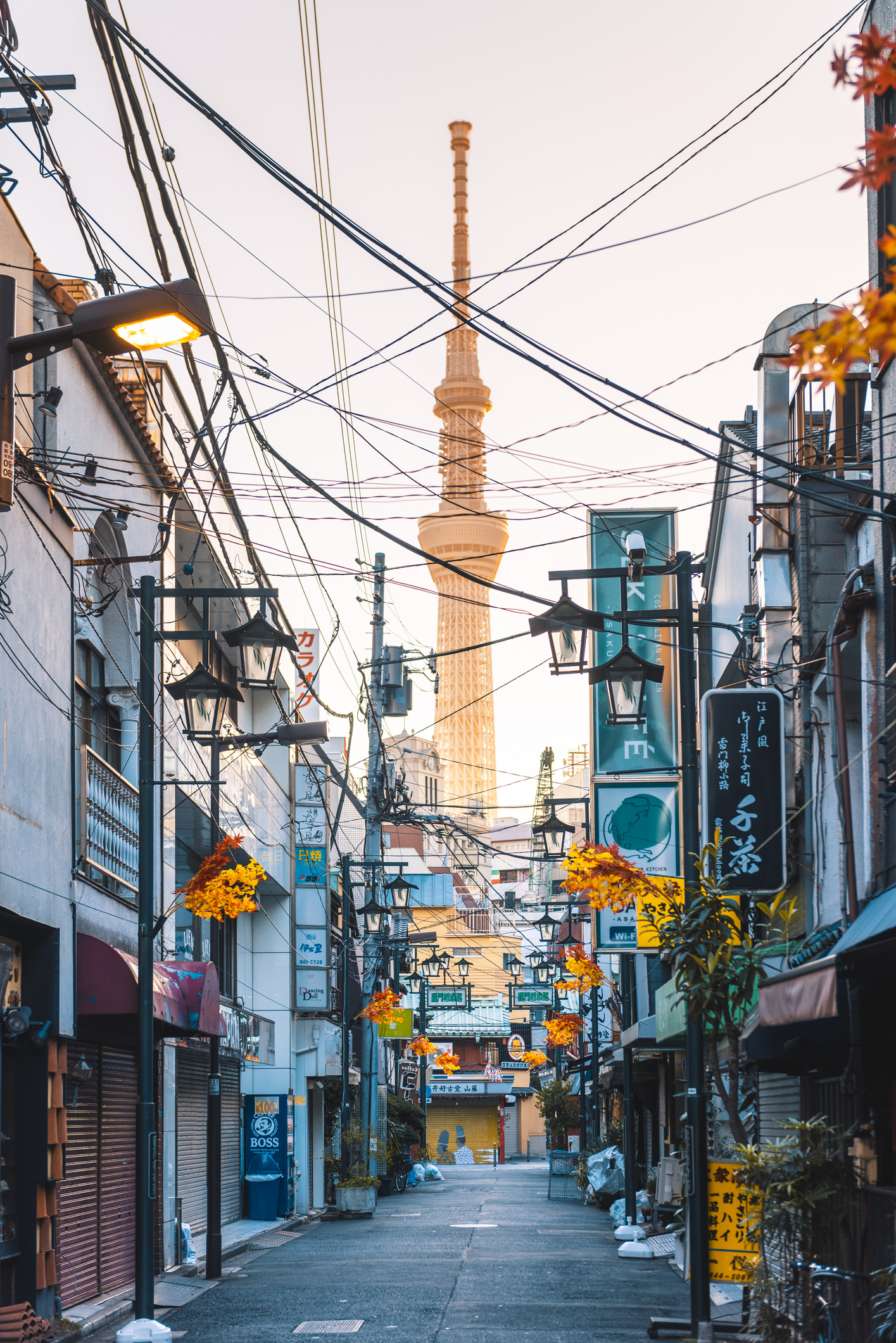 Street scene in Tokyo with Tokyo Skytree in the background, power lines crisscrossing above, and various signs and shops lining the narrow path